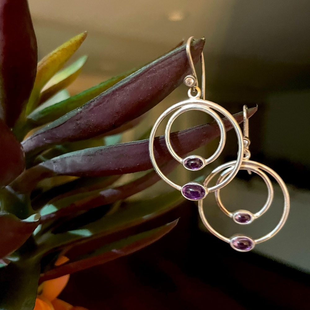 Rare Retired Pandora Compose Earrings - Double Amethyst Rings and cz posts